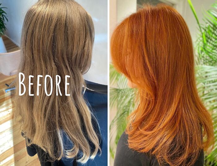 Before-and-after hair transformation showing natural brown to vibrant red hairstyle change.