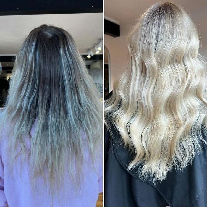 Before-and-after hair transformations showing a change from dull, uneven color to shiny, smooth blonde waves.