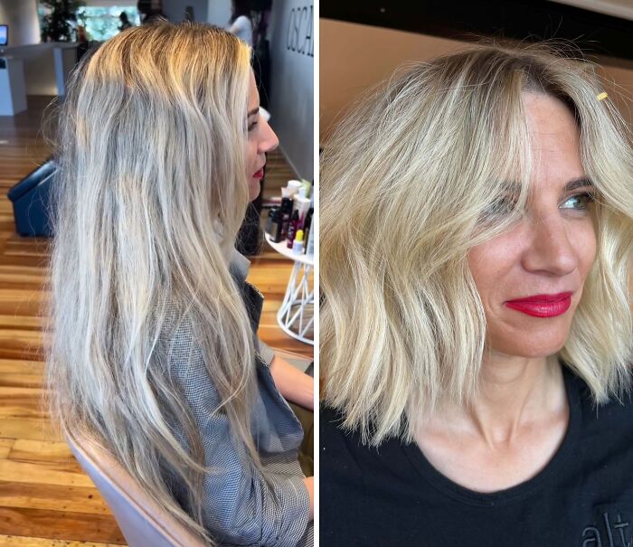 Blonde woman showcasing before and after hair transformations with a new stylish short haircut.