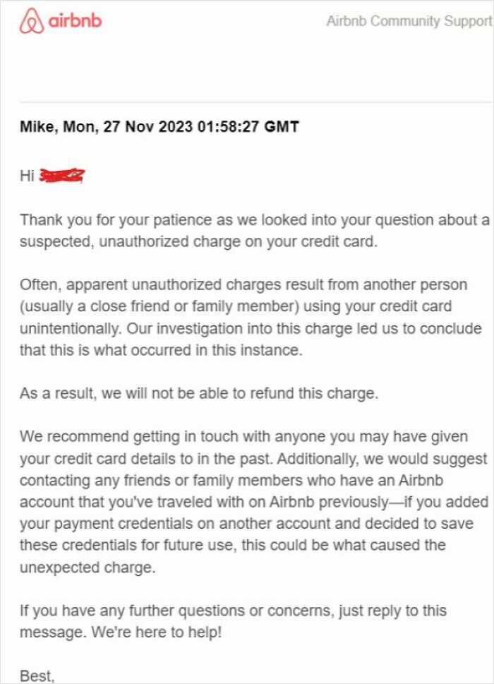 Airbnb support email explaining a reservation issue related to infuriating cancelled reservations and unauthorized charges.
