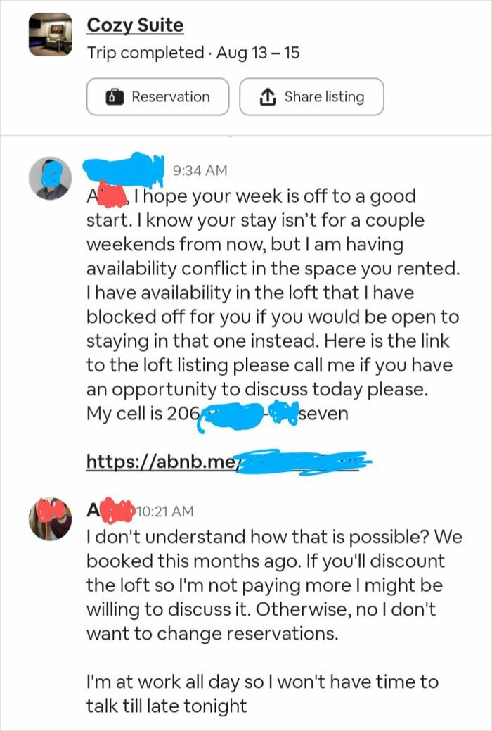 Conversation showing infuriating cancelled reservations issue between guest and host over booking conflict.