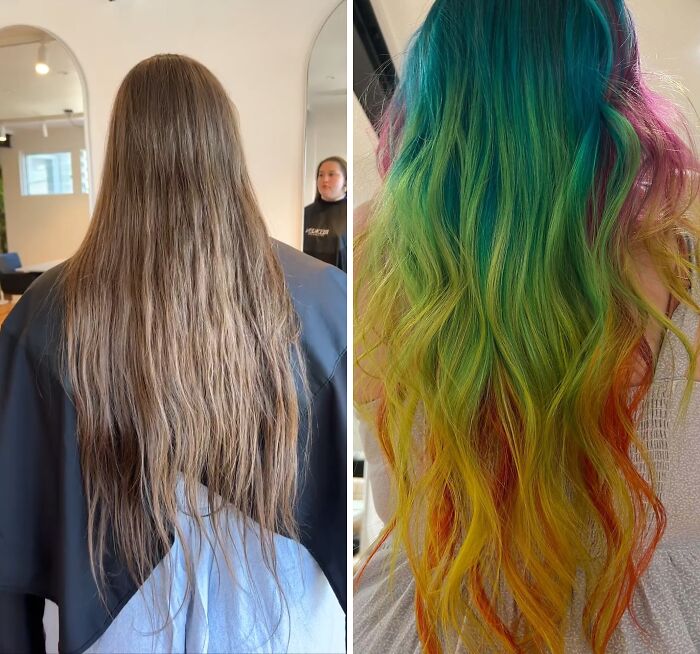 Before and after hair transformations showcasing a change from natural brown to vibrant rainbow colors.