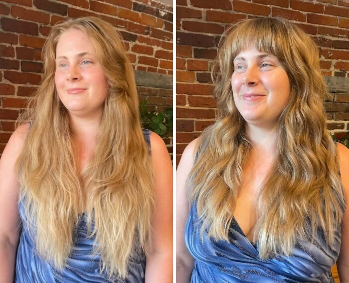 Before-and-after hair transformations showing a woman with long hair, then styled with bangs and waves.