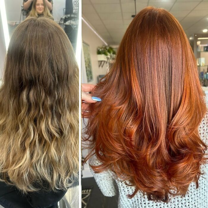 Before-and-after hair transformations showing a brunette to vibrant redhead makeover in a salon setting.