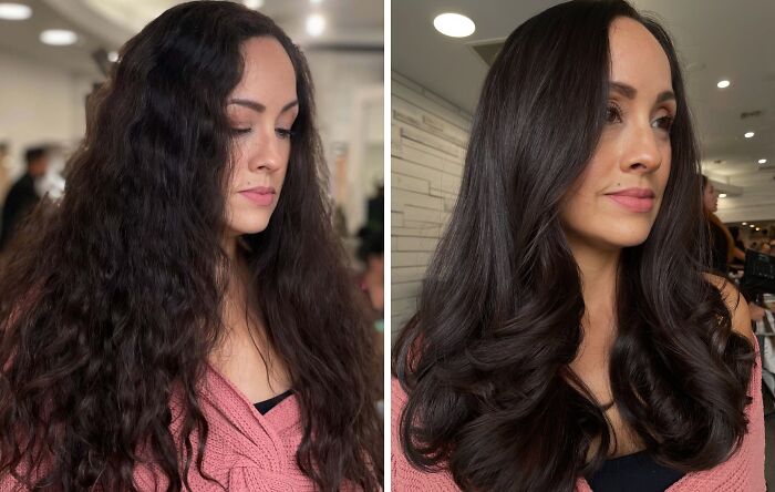 Before-and-after hair transformations showing a woman with curly hair styled into smooth, flowing locks.