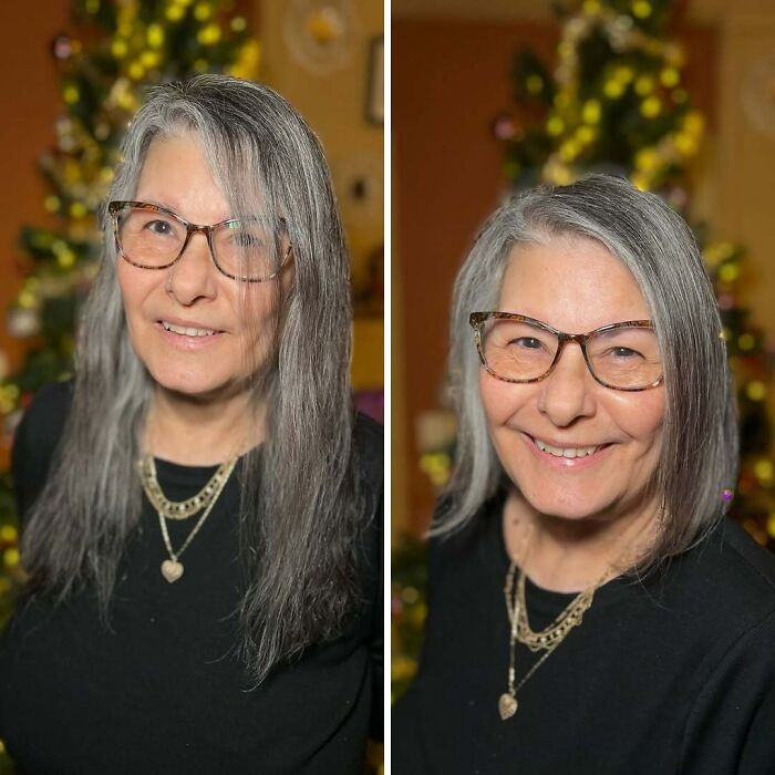 Before-and-after hair transformations, showing a smiling woman in glasses with a fresh haircut in front of a decorated tree.