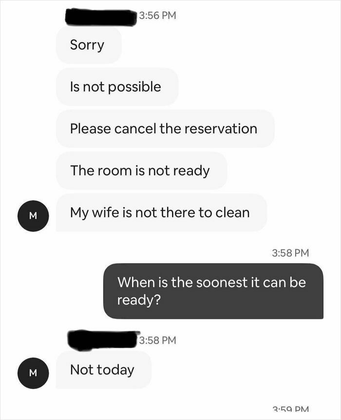 Screenshot of a chat discussing a cancelled reservation with unexpected room readiness issues.