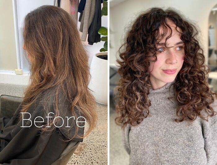Before and after hair transformations, showing long straight hair turning into short curly hairstyle indoors.