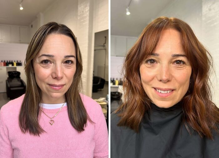 Before-and-after hair transformations showing a woman with long hair turned into a wavy bob hairstyle.