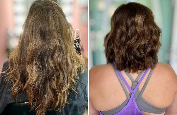 Before and after hair transformations, showcasing a woman with long hair, followed by a shorter, styled haircut.