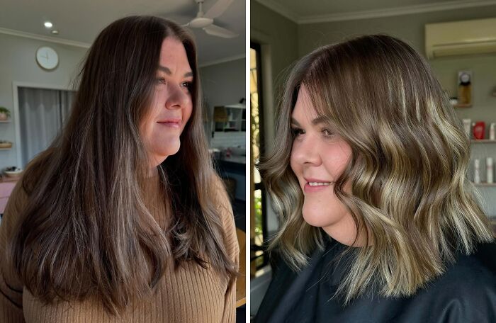 Before-and-after hair transformations showing long brown hair changed to a wavy, shorter style.