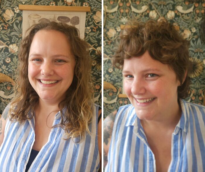 Before and after hair transformation, showcasing a curly haircut change, with a woman in a blue striped shirt, smiling.