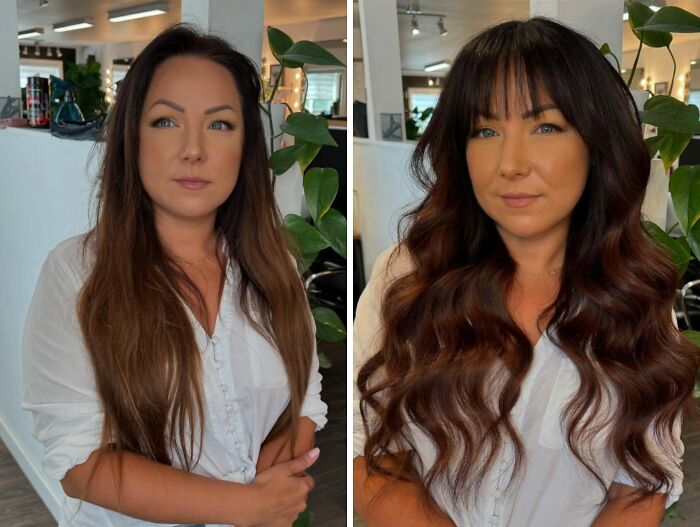 Before-and-after hair transformations featuring a woman with long straight hair and then styled with bangs and waves.