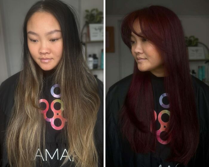 Before and after hair transformations showing a woman with long hair, changing from dark blonde to burgundy red.