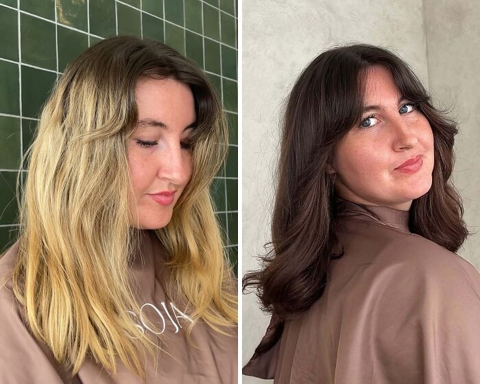 Woman with blonde to brunette hair transformation showcasing before-and-after hair change.