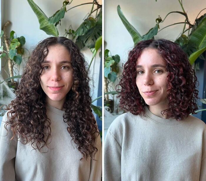 Before-and-after hair transformations showing a woman with curly hair before and after a new styling and color.