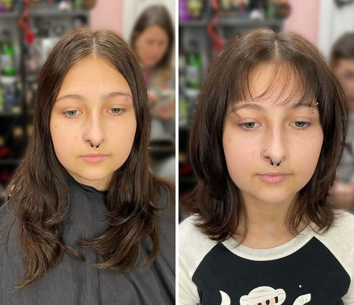 Before and after hair transformations showing a young woman with a fresh haircut and bangs in a salon setting.