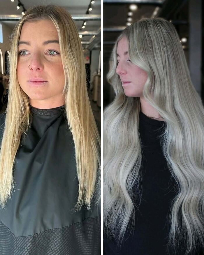 Before-and-after hair transformations showing a woman with straight blonde hair and wavy platinum locks.