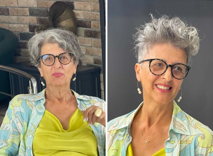 Before-and-after hair transformations showcasing stylish short haircut with glasses, wearing a green top and patterned shirt.