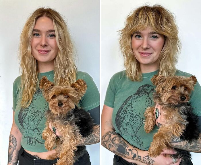 Woman holding a dog, showcasing a before-and-after hair transformation with subtle bangs and layered styling.