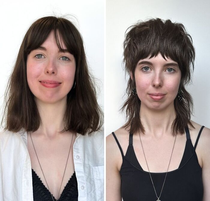 Before and after hair transformations showing a woman with medium brunette hair changing to a shaggy mullet style.