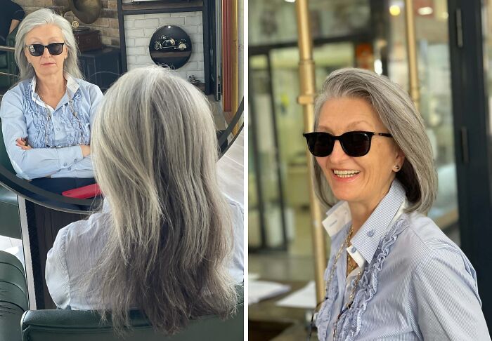 Woman showcasing her hair transformations, before with long gray hair and after with styled short cut, wearing sunglasses.