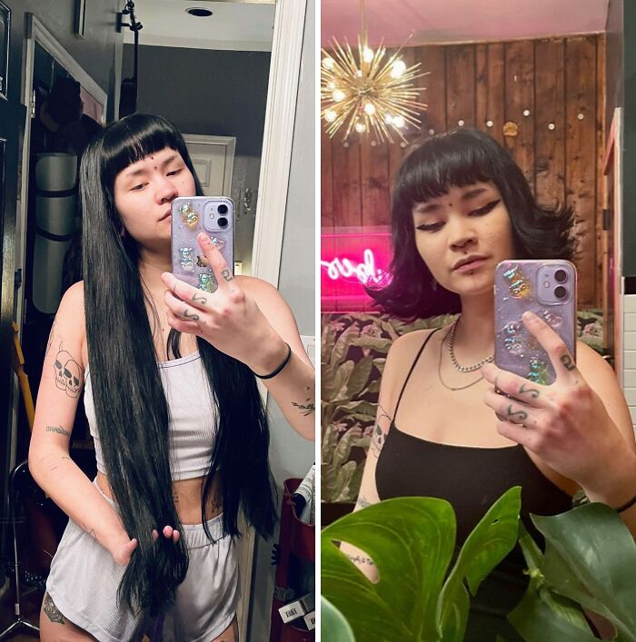 Before-and-after hair transformations with long black hair cut into a short bob style, self-portraits in mirror.