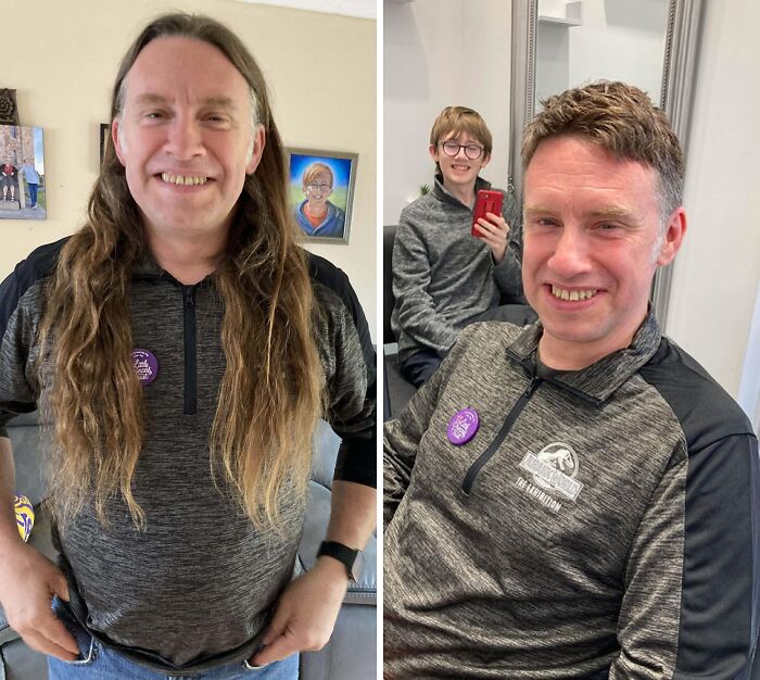 Before-and-after hair transformations of a man, showing long to short hair change, smiling in a casual setting.