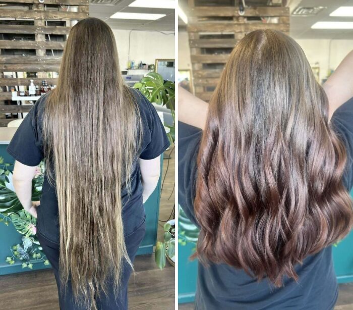 Before and after hair transformations showing long straight hair turned into shoulder-length wavy style.