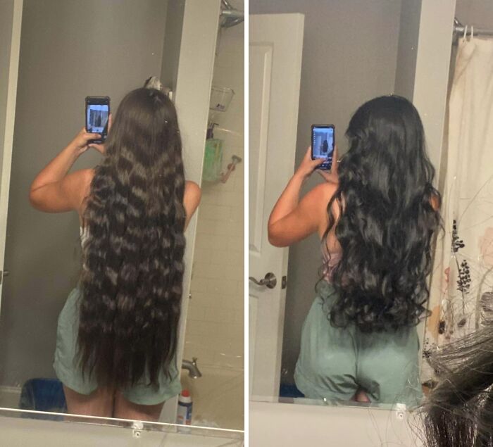 Before and after hair transformations showing long dark hair styled into softer waves from a straight look.