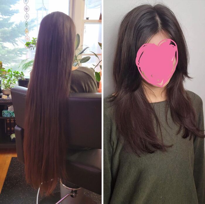 Before and after hair transformations showing long hair cut to shoulder length in a salon setting.
