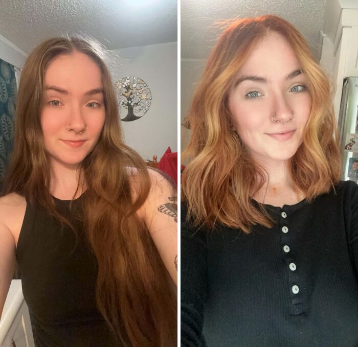 Before and after hair transformations of a woman with long brown hair changing to shorter, wavy, blonde hair.