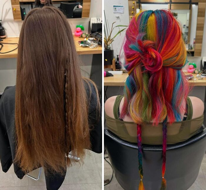 Before and after hair transformations showing long brown hair turned vibrant rainbow colors.