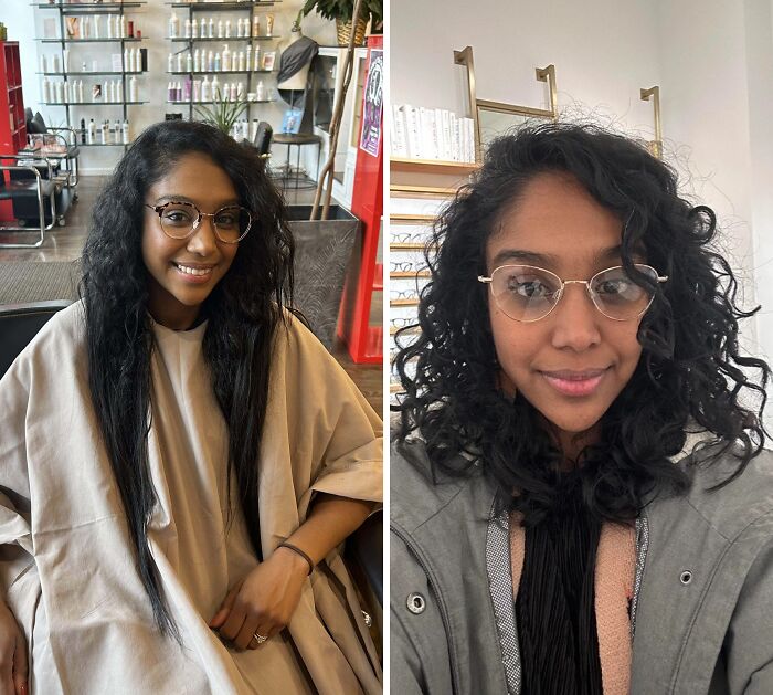 Before and after hair transformations showing a woman with long straight hair and then with short curly hair, both wearing glasses.