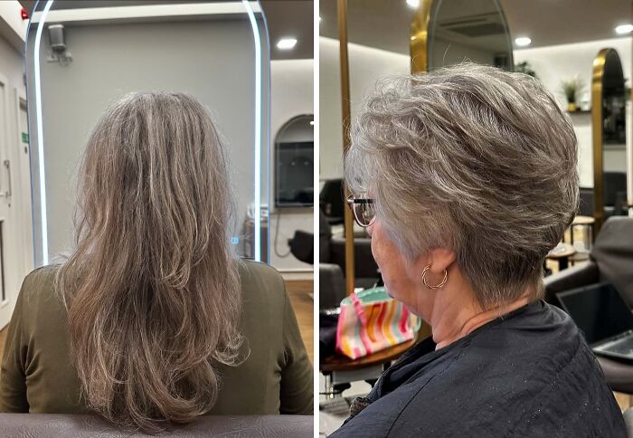 Before-and-after hair transformations showing long gray hair cut into a short, stylish pixie in a salon setting.