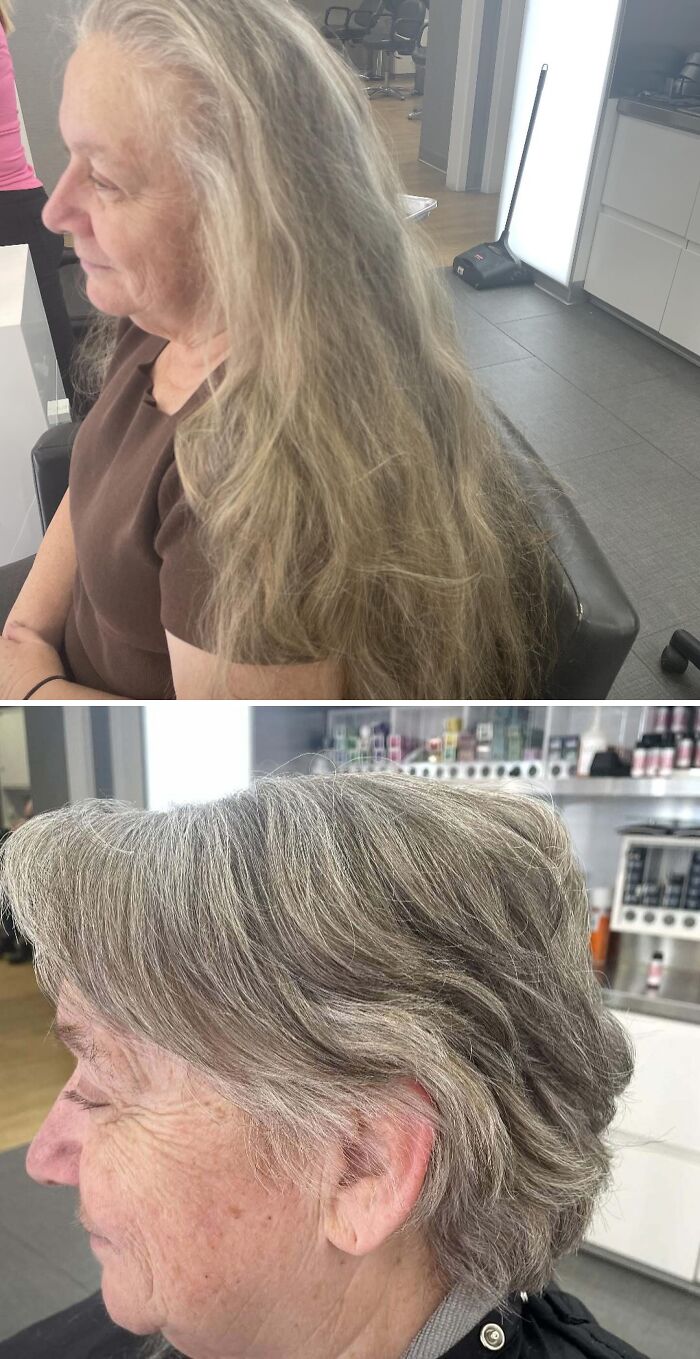 Before and after hair transformations showing dramatic haircut change from long to short style.