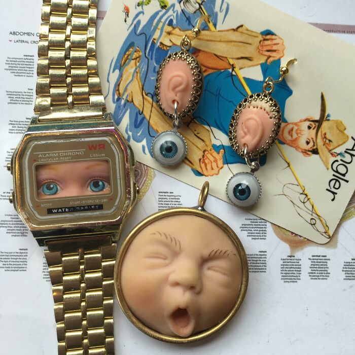 Creepy handmade crafts: watch with eyes, earrings with ears and eyeballs, pendant with baby face.