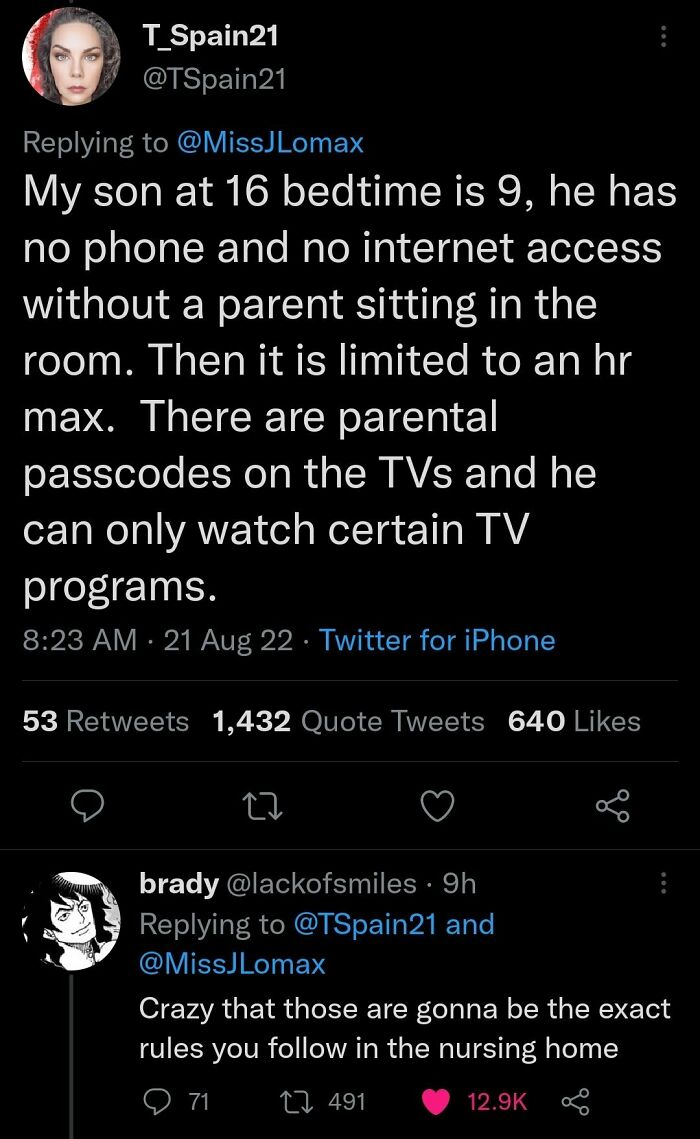 Two tweets discussing strict parenting, with a hilarious clever comeback about future nursing home rules.