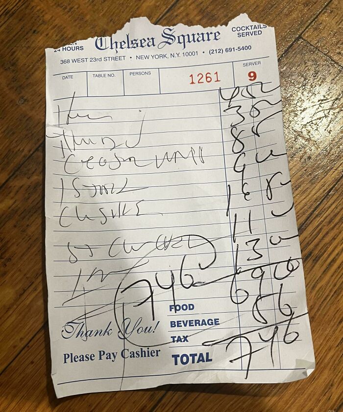 A handwritten restaurant receipt with various items and total cost, reflecting interesting receipts people found.