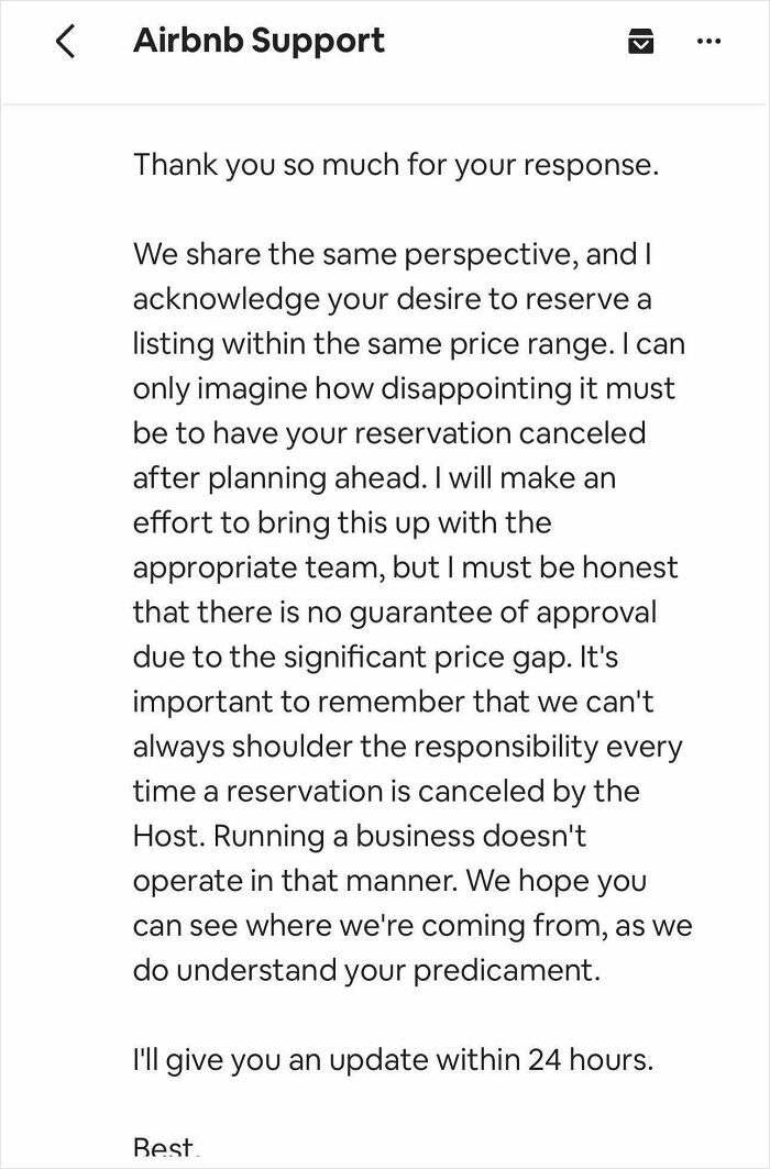 Airbnb support message addressing infuriating cancelled reservations, explaining policy on responsibility and updates.