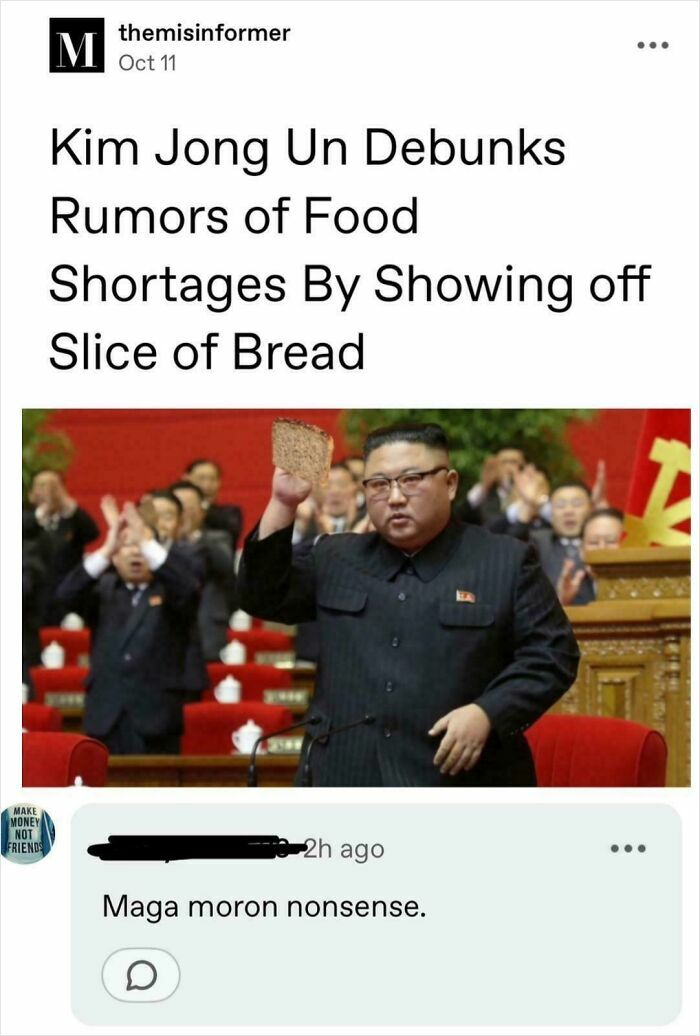 Satirical news headline about Kim Jong Un showing bread, with a comment reacting to it.