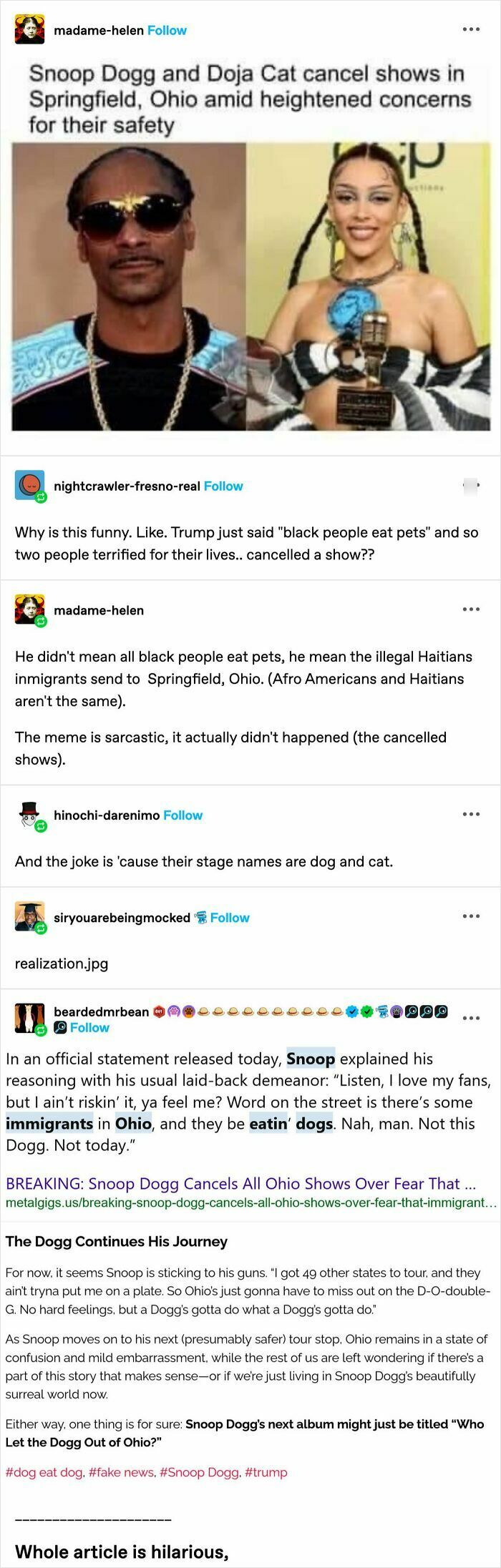 Snoop Dogg and Doja Cat cancel shows in Ohio, satirical headline sparks confusion among readers.