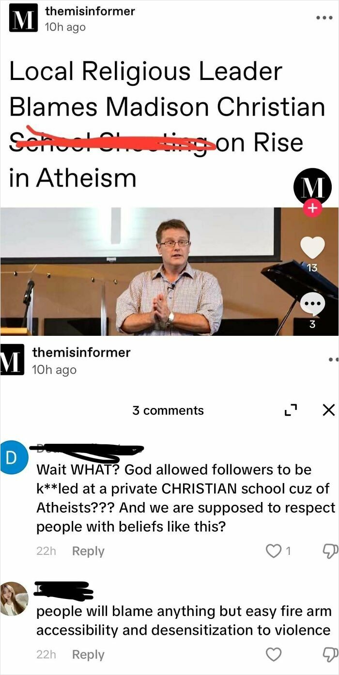 Satirical news headline about local religious leader with comments reacting to the story.