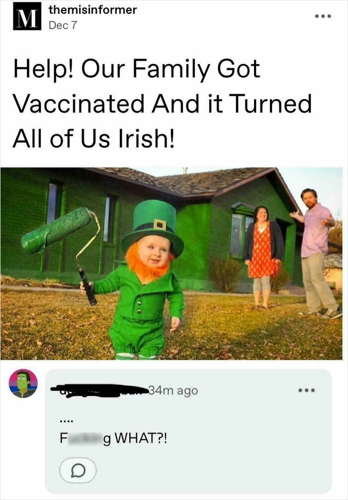 Child dressed as a leprechaun with parents, satirical news headline parodying vaccination effects.
