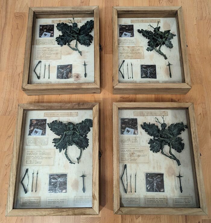Interesting creepy handmade crafts in wooden frames with leaf-like figures and detailed descriptions, arranged on a wooden floor.