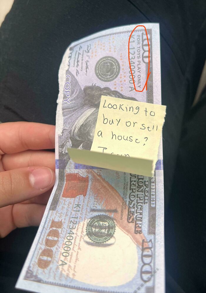 Fake $100 bill with "mildly infuriating" note, used as a server tip, advertising real estate services.