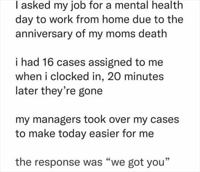 Text message about support from management for mental health, illustrating a stand for social justice on social media.