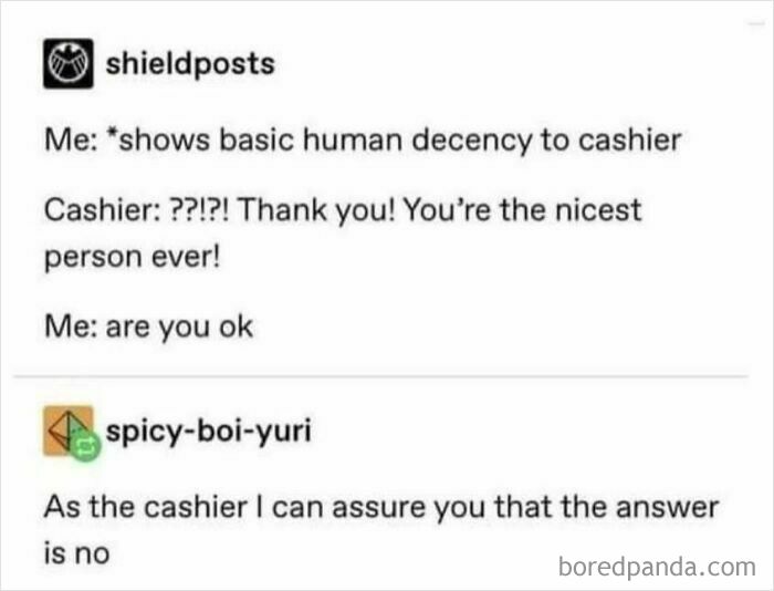 Social media post highlighting social justice with a humorous exchange between a customer and a cashier about decency.