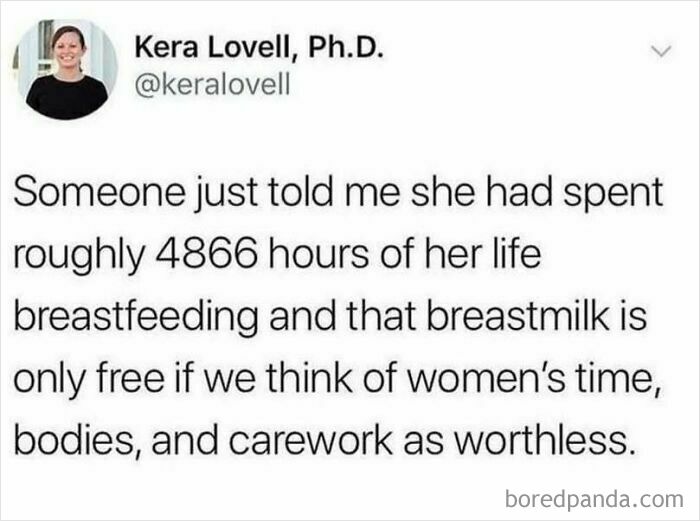 Kera Lovell's tweet advocating for social justice, highlighting the value of women's time in breastfeeding.