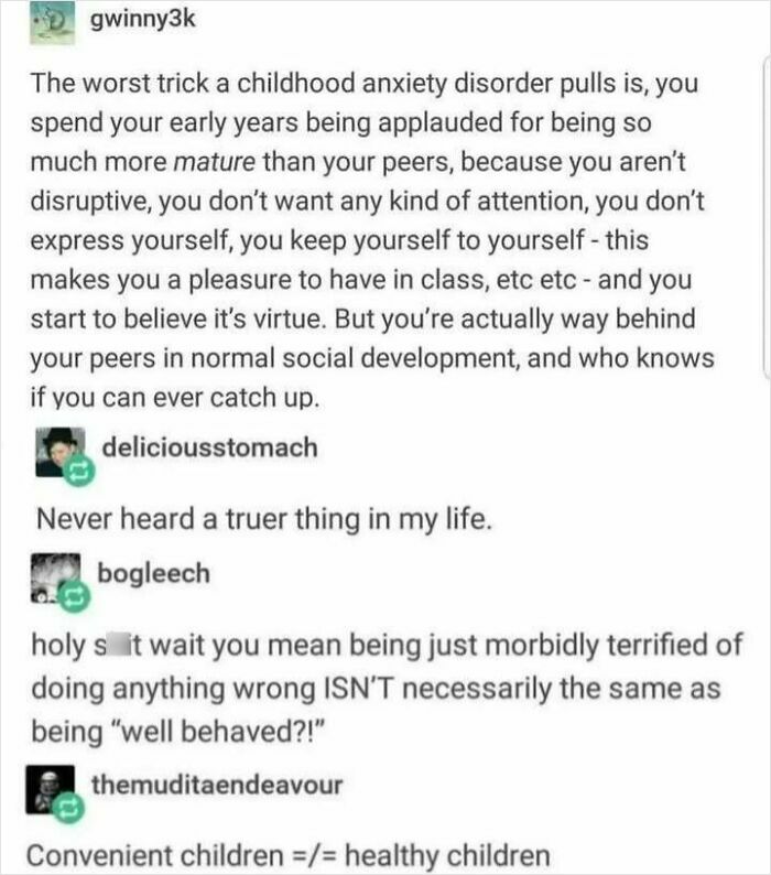 Social media post discussing childhood anxiety, maturity misconceptions, and social justice, with comments questioning behavior norms.